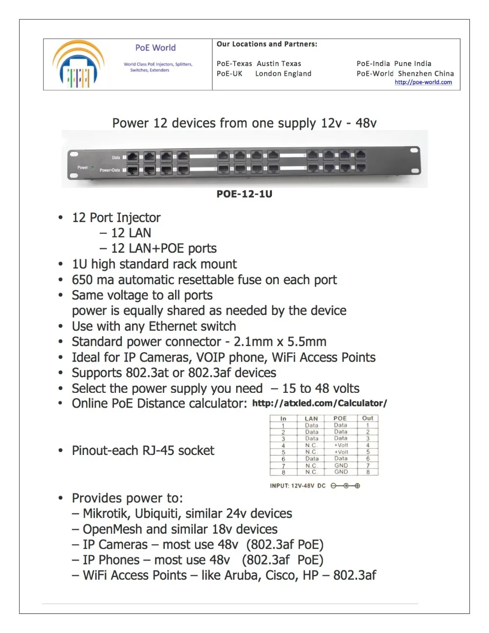 Инжектор PoE Power over Ethernet 10/100 с 12 портами 802 3af/пассивные устройства 802.3at блоком