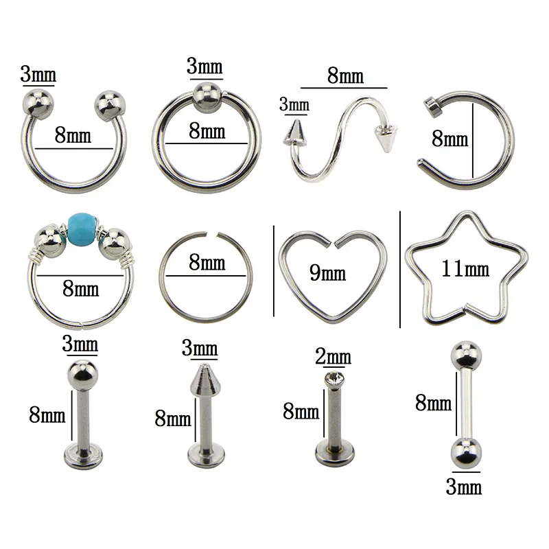 12 шт. набор для пирсинга брови стержни губ носа пирсинг нержавеющая сталь шпильки