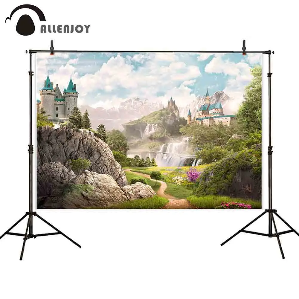 

Allenjoy photocall photography background mountain castle wonderland sky cloud stone trees nature photo backdrop photophone