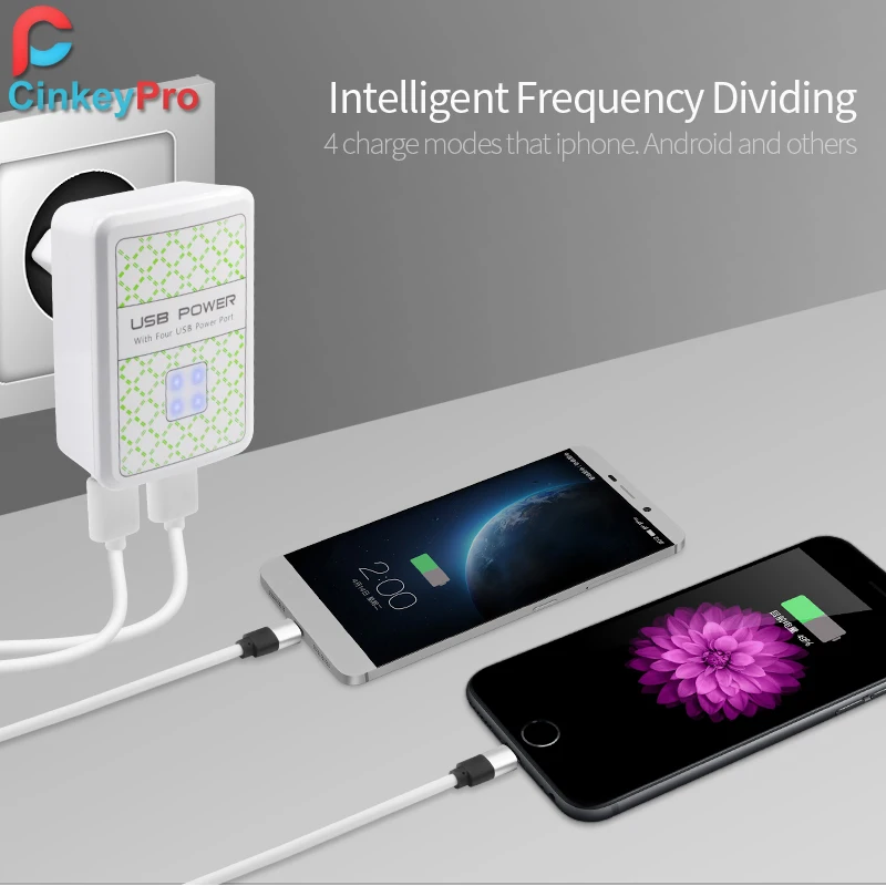 CinkeyPro 4-Ports USB Charger with LED Light 5V/3A Fast Charging Mobile Phone Universal for Samsung iPad iPhone 8 X | Мобильные