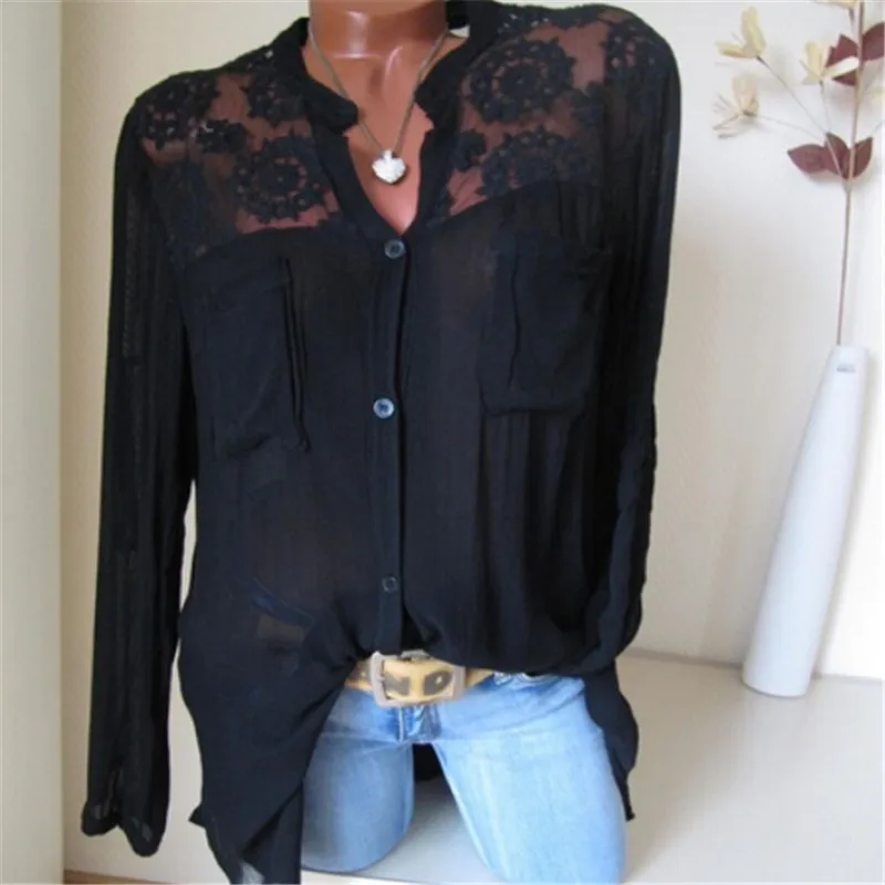 

Fashion Women Summer Autumn Loose Blouse 2018 Ladies Casual Chiffon Long Sleeve Lace Patchwork Shirt Sexy V-neck Tops Blouse New