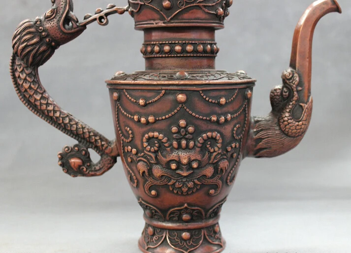 free shipping USPS to USA S1220 10&quot Chinese Red Copper Bronze Buddhism Dragon Head Statue Lion Wine Pot Teapot | Дом и сад