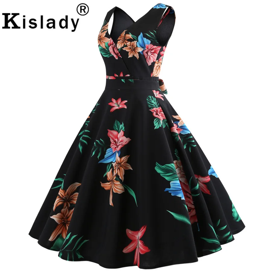 Женское винтажное платье в стиле рокабилли желтое черное с цветочным принтом