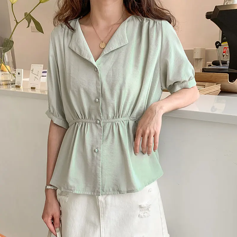 

2019 Summer New Korean Style V-neck Thin Women's Shirt Female Sweet Tie Waist Pure Color Short-sleeved Chiffon shirt Female