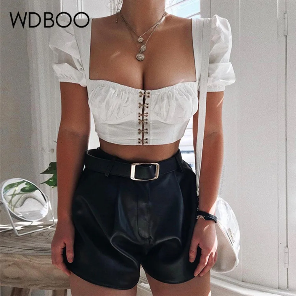 WDBOO ретро-крючок с ушками, короткий топ с пышными рукавами, квадратный вырез, бюстье, топ, черный, белый цвет, короткий топ