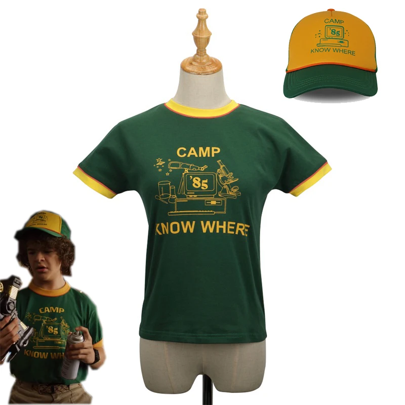 2019 New TV Stranger Things Dustin Cosplay Costume Short Sleeve T-shirt Green Baseball Hat Summer Top | Тематическая одежда и