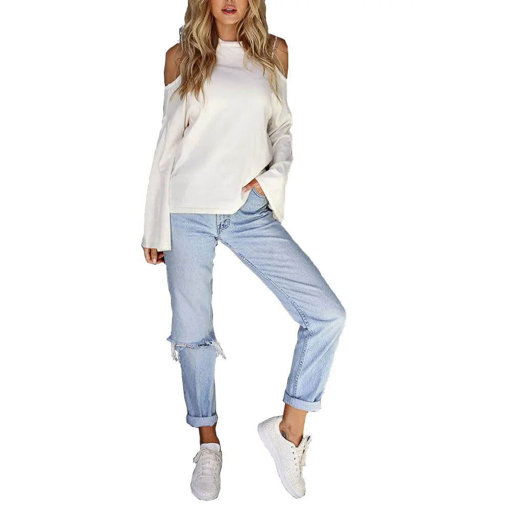 Дамская мода длинными расклешенными рукавами футболка Осенняя летняя одежда