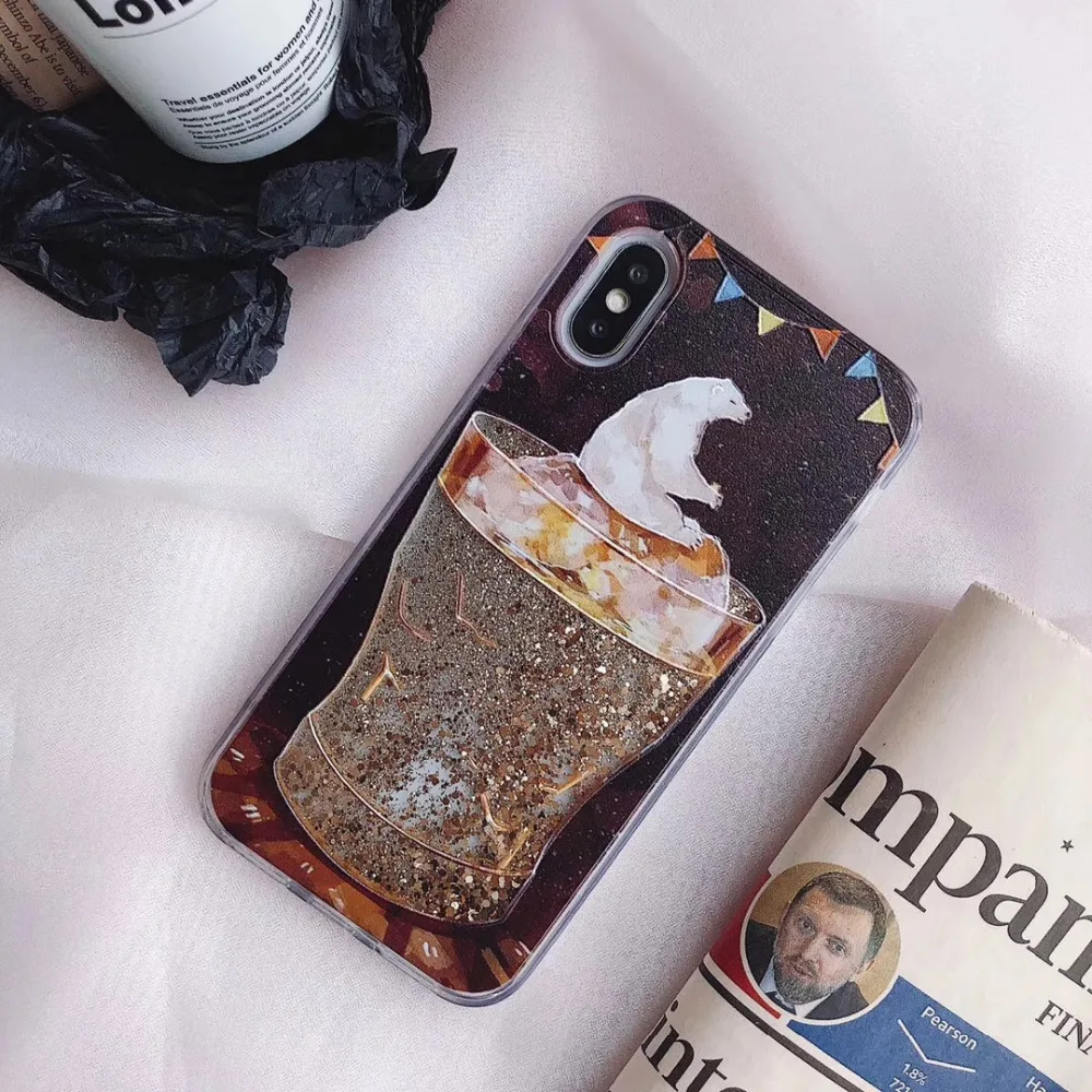 HereCase Жидкий чехол для iPhone X полярный медведь кофейная чашка лимонный чай бутылка