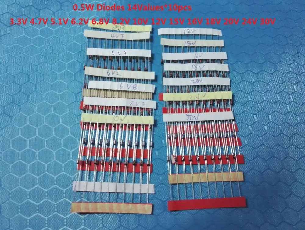 

Diode kits set 3.3V~30V (14 values*10pcs=140pcs) 0.5W 1W Assorted 1/2W Assortment diy kit BZX55C Zener Diode 6.8V 8.2V 10V 12