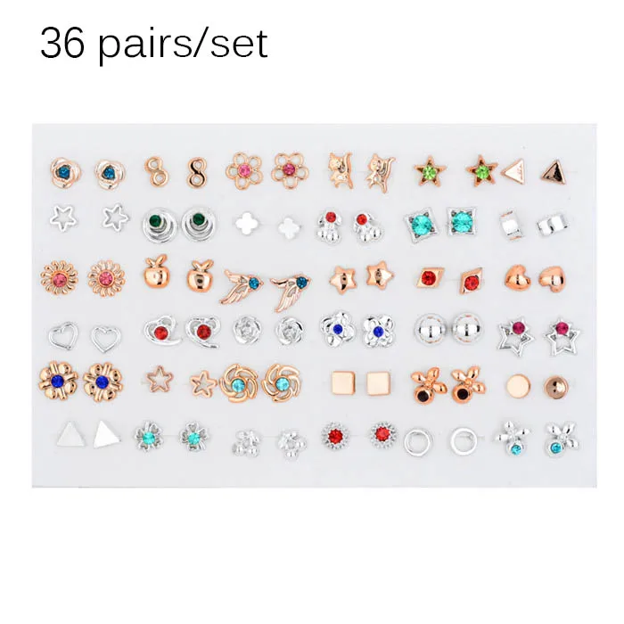 36 pairs mix style 36 пар/компл. Для женщин с подвесками в виде милых акриловых цветов, с украшением в виде кристаллов маленькие серьги-гвоздики комплекты для девочек в форме сердца в форме звезды, серьги, ювелирное изделие, вечерние подарок - Окраска металла: 36 pairs mix style