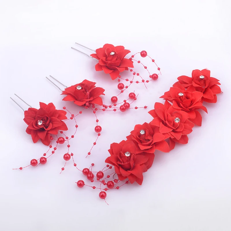 1 Set Handmade Red Beige Wedding Hair Flower With Hairpin Crystal Bride Headdress Pearl Headpiece For Women Headband Accessories