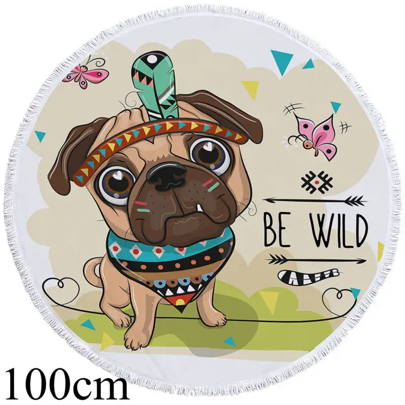 Pug Towel 100cm Постельные принадлежности Outlet мультфильм сова круглый пляжное полотенце ацтекский гобелен с геометрическим рисунком микрофибры Toalla Племенной Лев Мопс взрослых банное полотенце 150 см - Цвет: Pug Towel 100cm
