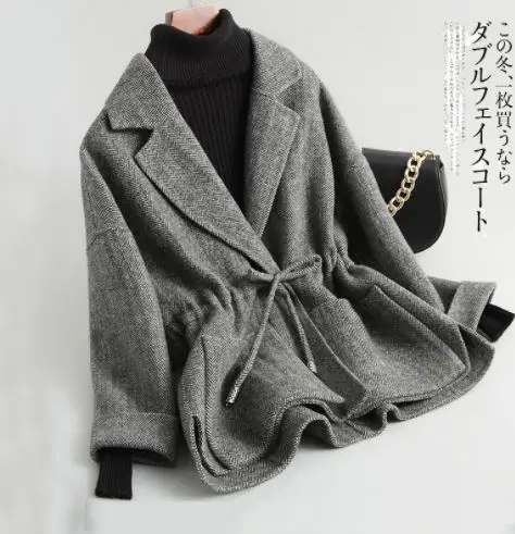 Темно-серый Новая мода, подиумный дизайнерский воротник с лацканами, приталенный шерстяной короткий жакет с завязками, Женский клетчатый пояс, твидовое шерстяное пальто - Цвет: Темно-серый