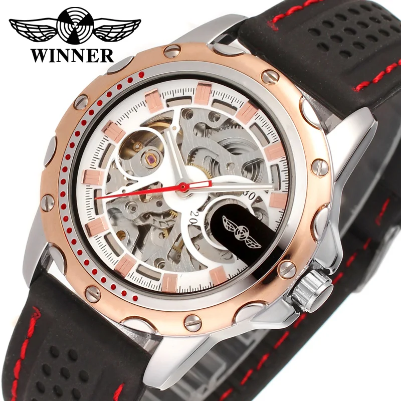 WINNER WRG8027M3T4 Automatic fashion dress wristwatch rose gold watch silicone strap for men hot selling free shipping | Наручные часы