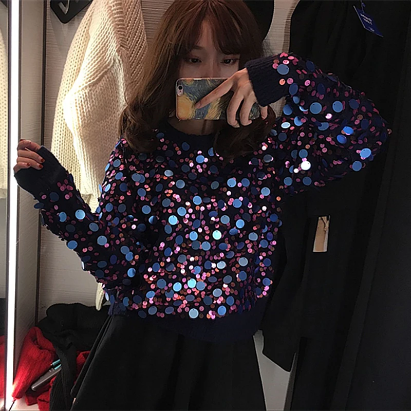 2018 Winter New Shiny Sequined Knit Sweater Fashion Glitter Women Sweaters and Pullovers Bling O-neck Black Lady Tops | Женская одежда