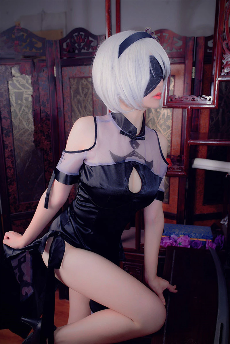 

Game NieR:Automata YoRHa Type A No. 2 Cosplay Costume 2B Tights Cheongsam Women Chinese Dress Black Halloween Costumes