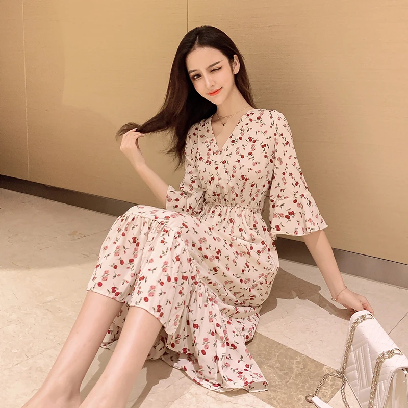 Женское шифоновое длинное платье с v-образным вырезом и рукавами-бабочками 2019 |