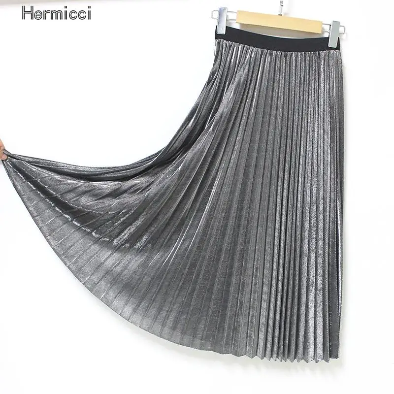 Плиссированная металлическая Блестящая серебряная юбка для девочек Женская