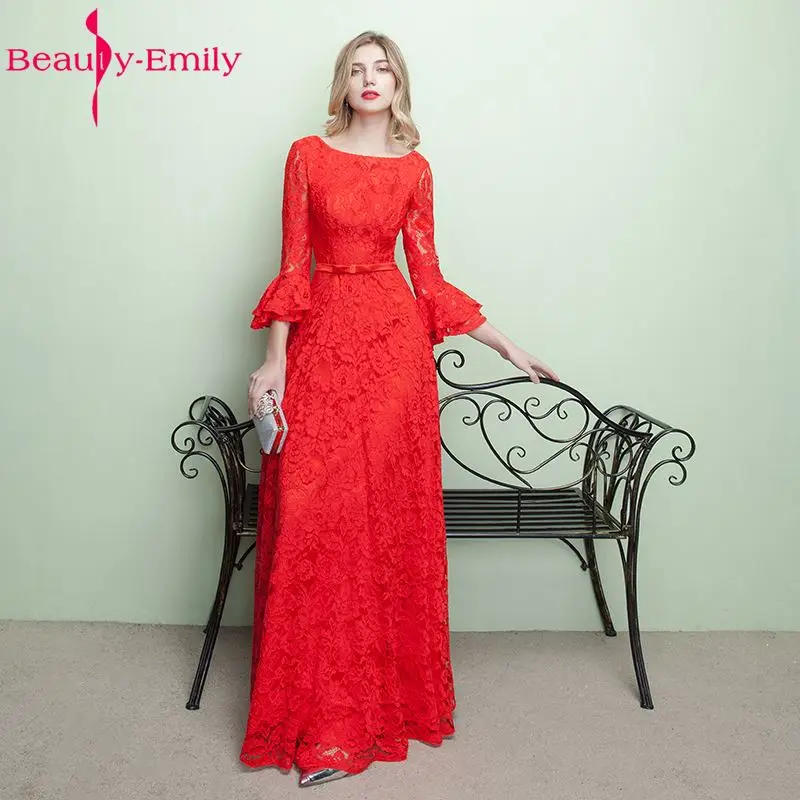 

Beauty-Emily Red Lace Long Mother of Bridal Dresses 2019 Vestidos de noite A-line Sleeve Wdding Party Prom Dresses