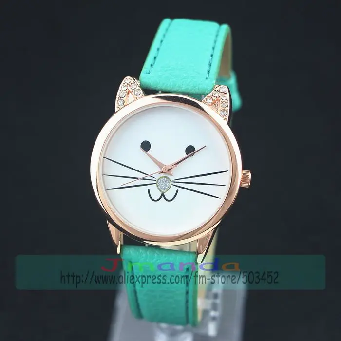 100 шт./лот Новое поступление розовое золото корпус Хрустальные Часы милый кот
