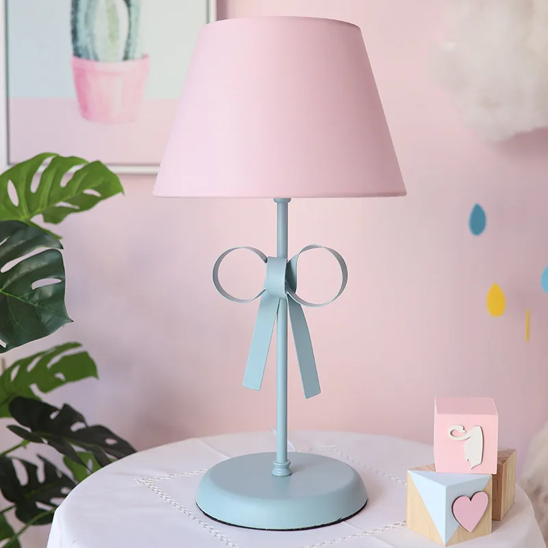 Bow-knot Table Light LED Desk Lamp Fabric Lampshade Lights for Children's Room Princess Bedroom Bedside Lamps Luminaire - Цвет абажура: Pink---blue