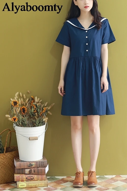 Японский Школьный стиль Лето женское милое платье темно синее абрикосовое с
