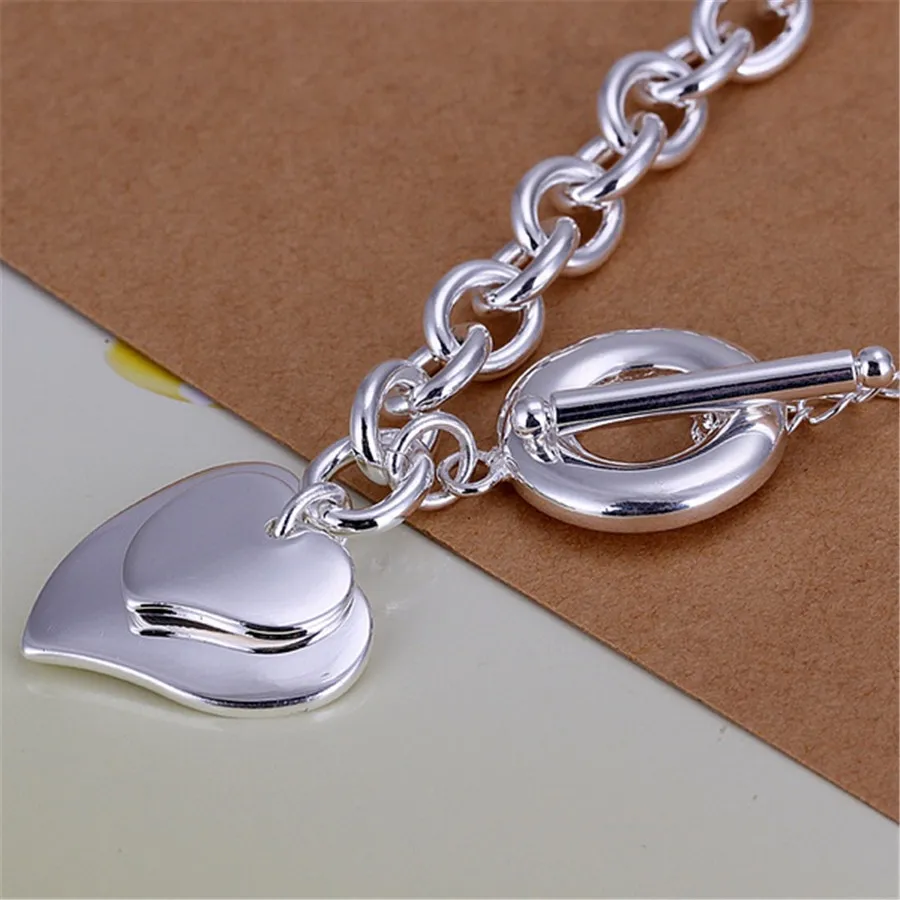 silver color double heart brand charm women lady cute bracelets new listings high quality fashion jewelry Christmas gifts | Украшения и