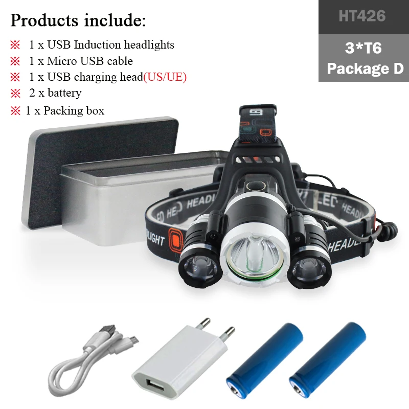 CREE XML-T6, ИК-датчик, налобный фонарь, микро USB, перезаряжаемый, 18650, светодиодная фара, прожектор, светодиодный головной фонарь, лампа, водонепроницаемый - Испускаемый цвет: HT426B1-BOX