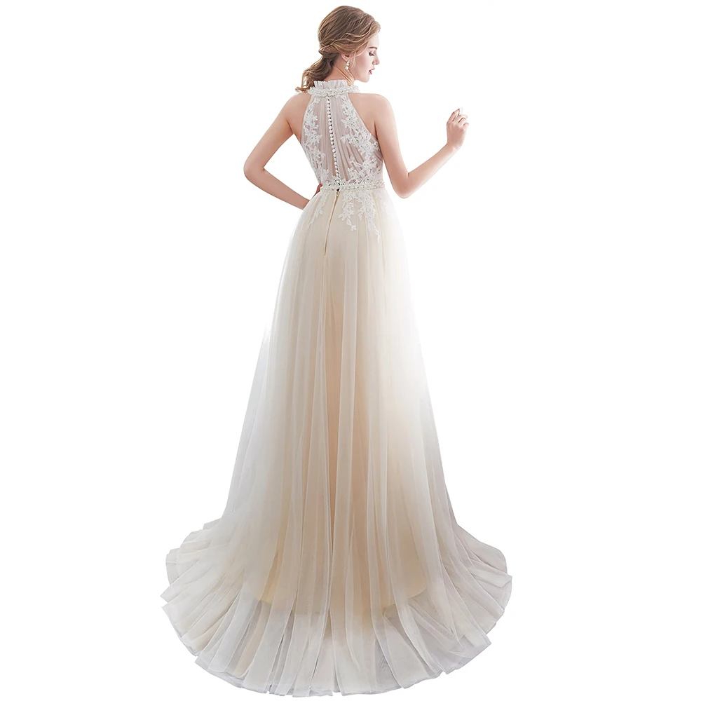 Charming Bohemian Lace Waist Pearls Evening Dress Sexy Illusion Button Back Tulle Gown Robe De Soiree | Свадьбы и торжества