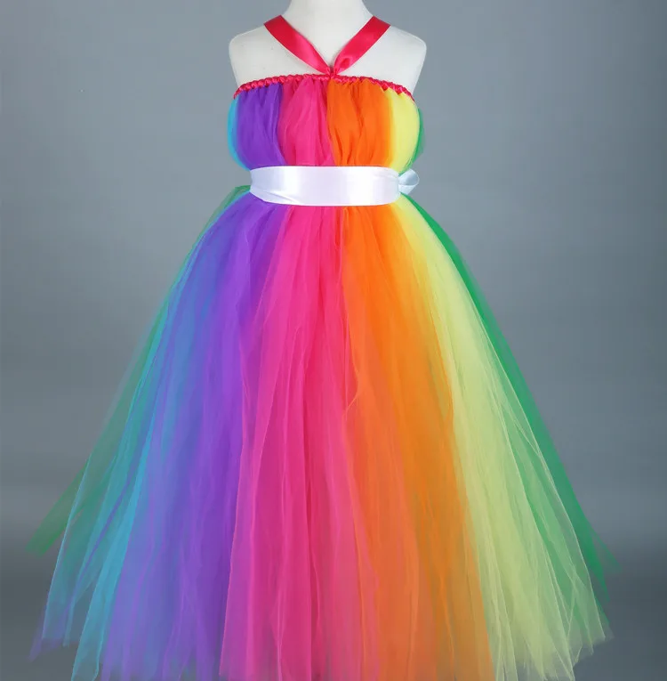 Rainbow Color Girls Long Tutu Dresses Kids Handmade Fluffy Tulle Tutus Ball Gown with Ribbon Waist Children Wedding Party Dress | Детская