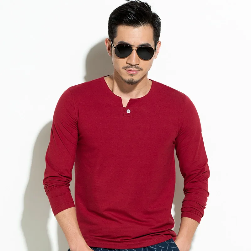 2019 spring and autumn men's long-sleeved shirt Slim O-neck collar button Europe America simple solid color base T-shirt | Мужская