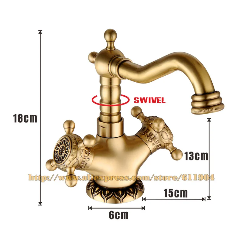 Смеситель с двойной перекрестной ручкой для ванной комнаты античный латунный