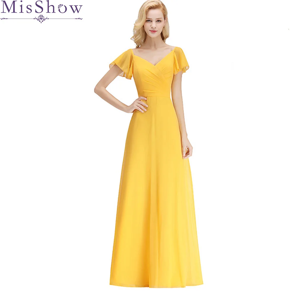 

Длинные вечерние платья MisShow 2019, элегантное шифоновое платье-трапеция с рукавом летучая мышь, желтое вечернее платье, вечернее платье