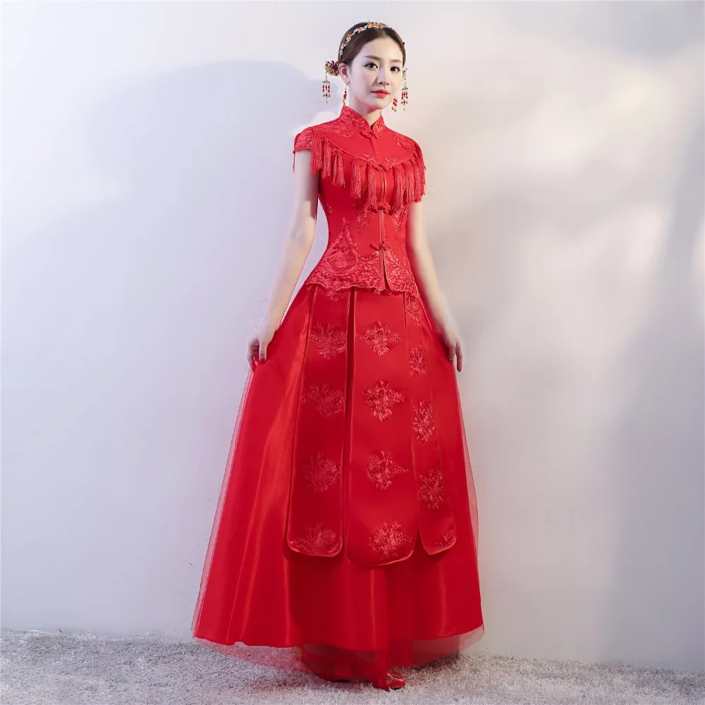 

Шанхай история Длинные платья Cheongsam с вышивкой красные Qipao для женщин традиционное платье китайское свадебное платье костюм xiuhe
