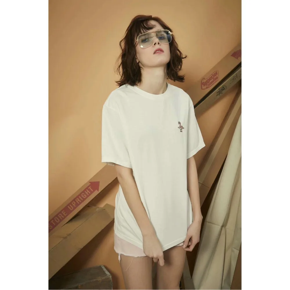 2018 Brand 100% Cotton Dinosaur Embroidered T-shirt Women Summer Casual Short Sleeve tshirt White Pink Loose tops tees | Женская одежда
