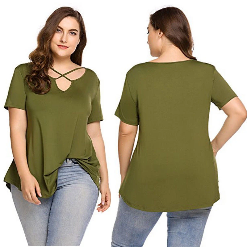Женская однотонная блузка с V образным вырезом и коротким рукавом|plus size blouses|big
