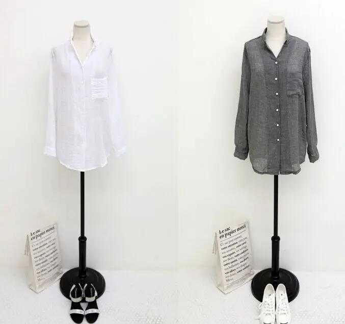 Женская льняная рубашка на пуговицах свободная большого размера с длинным