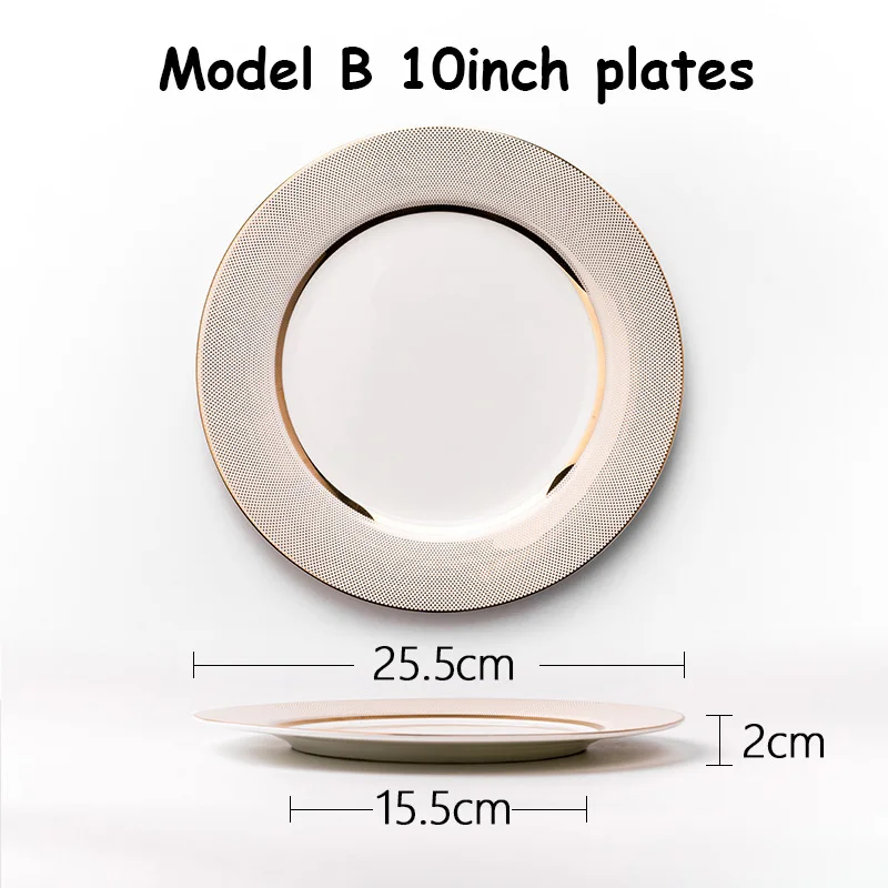Model B 10inch Набор керамической посуды, поднос, кофейная чашка, столовые приборы, набор тарелок с золотым краем, набор глубокой посуды, кухонная утварь, деликатная посуда, блюдо для еды - Цвет: Model B 10inch
