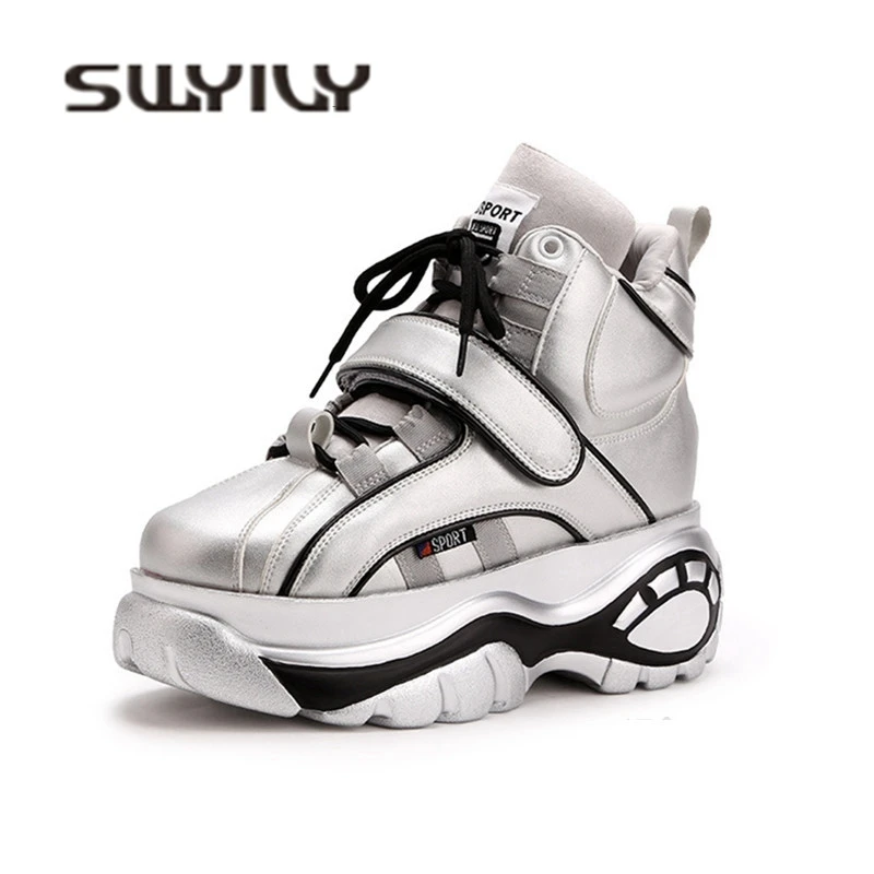 

SWYIVY White Sneakers Platform Woman 2019 Spring New Female Chunky/high Top Sneakers For Woman Casual Shoes Sliver Hided Wedge