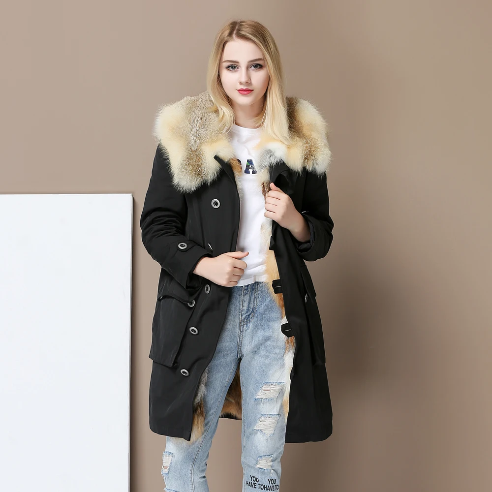 Женское пальто с капюшоном и воротником из лисьего меха теплая парка подкладкой