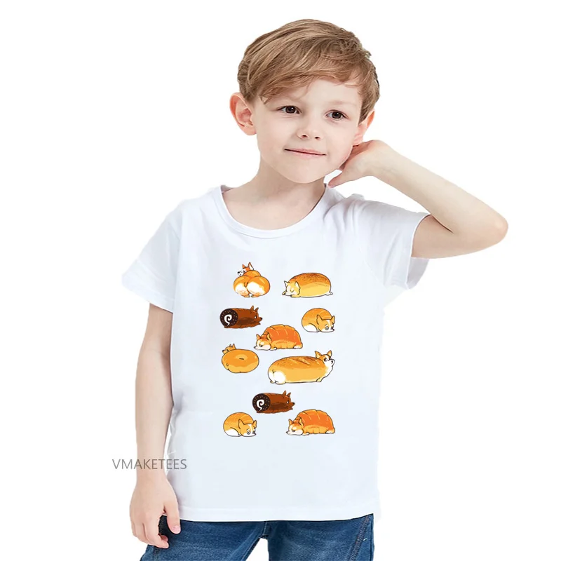 

2018, летняя футболка с коротким рукавом для девочек и мальчиков, Детская футболка с принтом хлеба корги, детская повседневная одежда с забавн...
