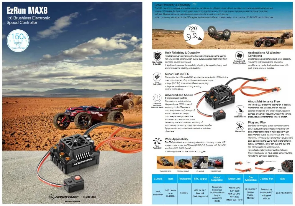 EZRUN Max8 V3 150A водонепроницаемый бесщеточный ESC для RC 1/8 Traxxas E-REVO Traxxas Summit HPI Savage Thunder Tiger