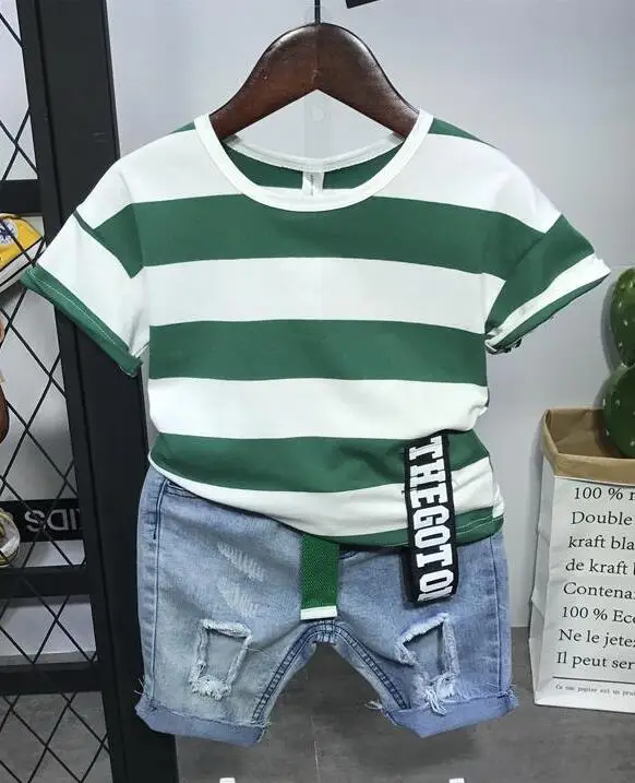 T-shirt and shorts Летняя одежда для маленьких мальчиков, 2 предмета полосатая футболка с короткими рукавами+ джинсовые шорты Популярные штаны комплект повседневной одежды - Цвет: T-shirt and shorts
