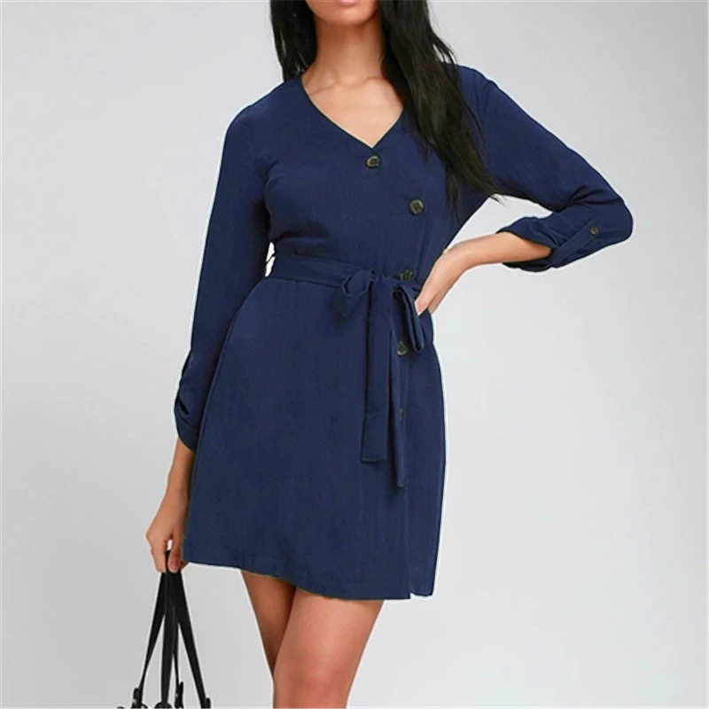 Летнее платье Для женщин 2019 Повседневное Однотонная футболка с длинным рукавом и