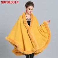 10 colors winter big pendulum cloak knitted warm thick shawl poncho coat women hole faux fox fur collar loose cape