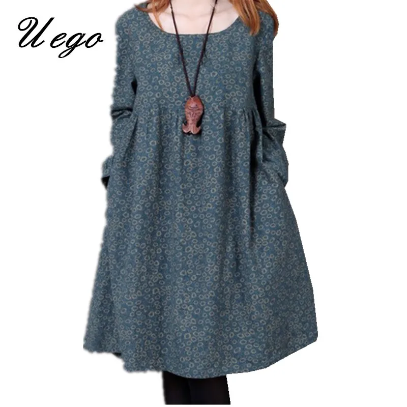 Модное платье "Цветочный принт осеннее" из хлопка и льна с длинным рукавом для женщин в стиле винтаж.