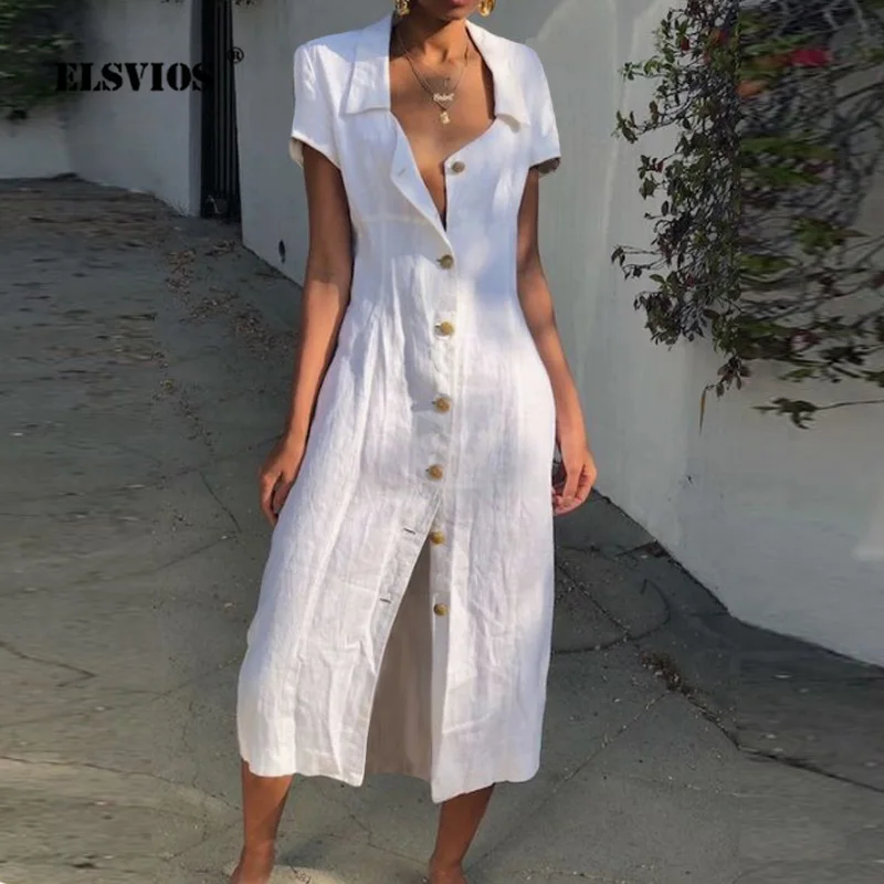 ELSVIOS Vestido Women's Solid Short Sleeve Casual Loose V-Neck Button Split Hem Long Dress Spring Summer Women Shirt Dresses 3XL | Женская