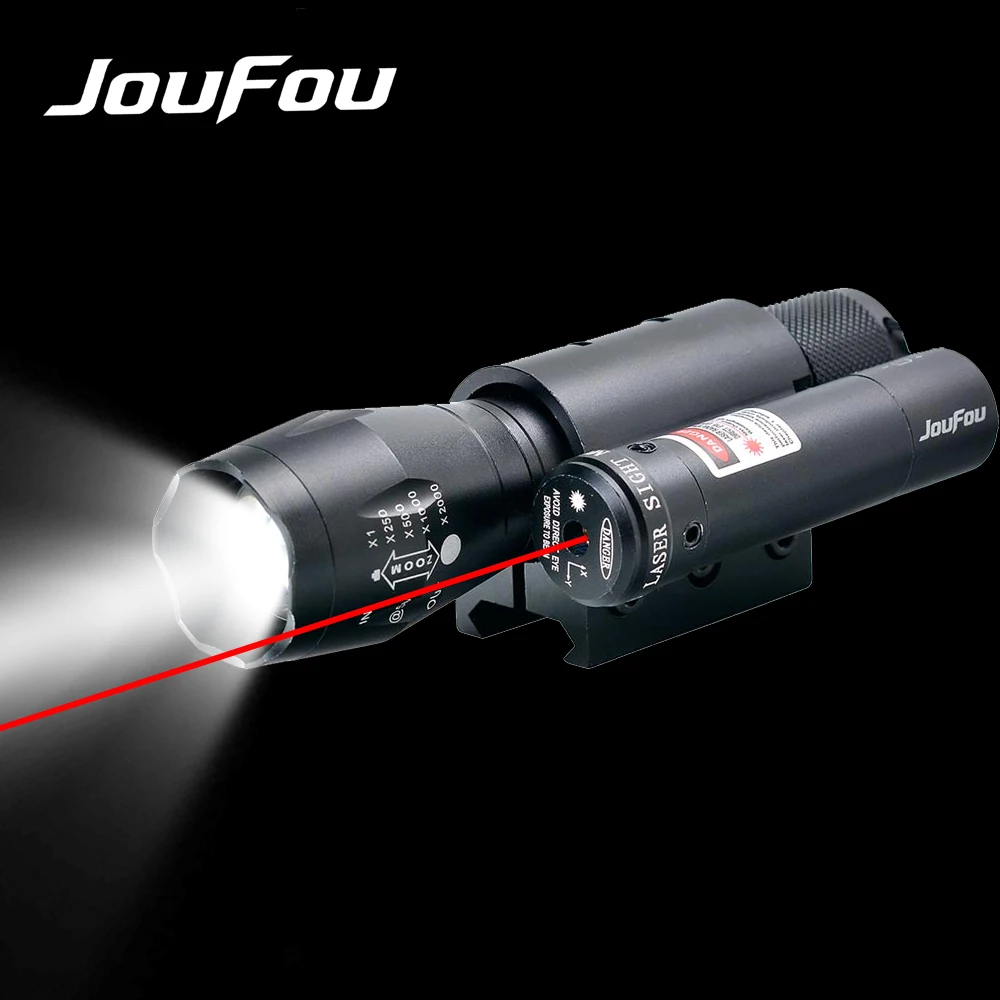 JouFou Hunting Lights LED Flashlight Warm White Light 500 lumens High Power Zoomable Torch Red Laser 20mm Picatinny Mount | Спорт и