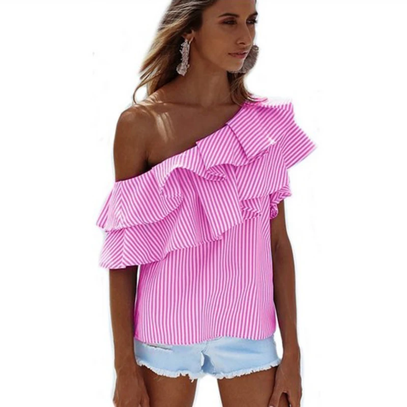 2017 Ruffles Off Shoulder Women Blouse Shirts Blue Pink Striped Irregular Sexy Tops Clothing Ladies Casual Summer Blusas 17201 |