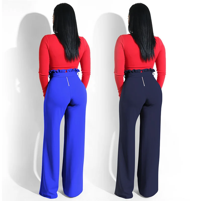 

Newly Women Casual Trousers Ruffled High Waist Slim Fit Loose Pants with Belt for Spring m99